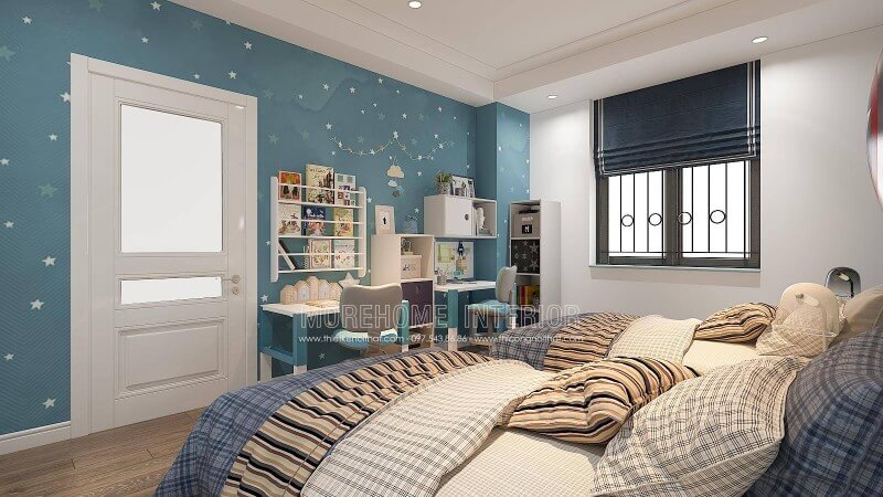 Bạn đang phân vân không biết nên trang trí tường nhà cho phòng của bé nhà mình? Mẫu giấy dán tường màu xanh với bầu trời đầy sao luôn hiện diện trước mắt mỗi khi bé nằm hay ngước lên trên khi đang học bài sẽ là gợi ý độc đáo tang thêm sự thú vị trong ý tưởng bố trí nội thất phòng của con. Thiết kế nội thất biệt thự