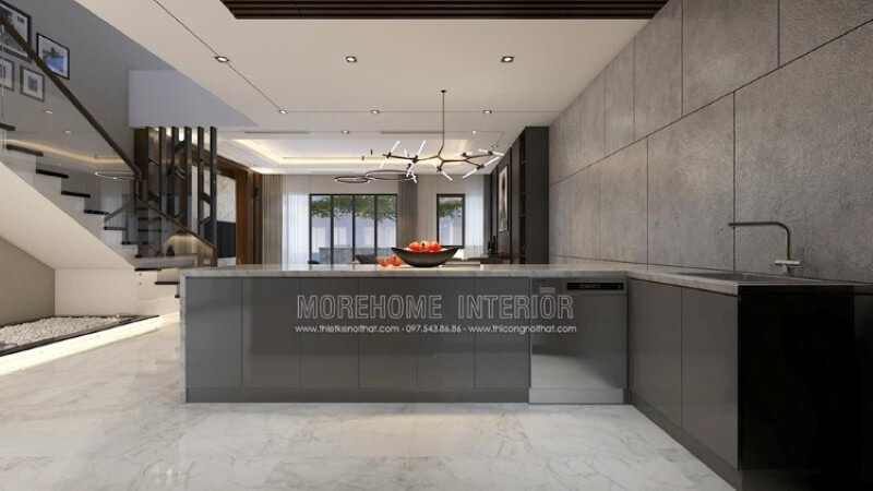 Thông thường bạn sẽ thấy khu vực bàn đảo sẽ nằm trong phòng bếp để có thể đáp ứng kịp thời nhu cầu ngay trong phòng bếp, điều này đòi hỏi phòng bếp phải khá rộng, nhưng nếu hẹp về bề ngang bạn vẫn có thể sở hữu không gian bếp đảo tuyệt đẹp như trong ý tưởng bố trí nội thất tại biệt thự Parkcity bởi Nội thất Morehome. Thiết kế nội thất biệt thự