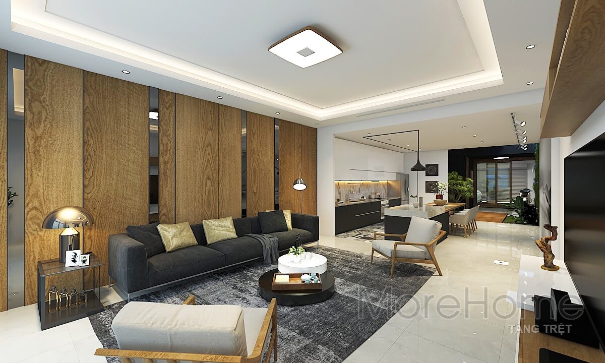 Thiết kế nội thất phòng khách với nội thất gỗ đẹp sang trọng tại nhà phố VinCom Thiết kế nội thất phòng khách nhà phố