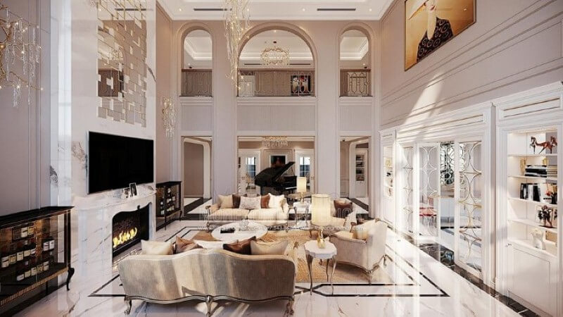 Thiết kế nội thất biệt thự Vinhomes Imperia Hải Phòng ấn tượng với phòng khách thông tầng đẹp, sang trọng. Thiết kế nội thất phòng khách nhà phố