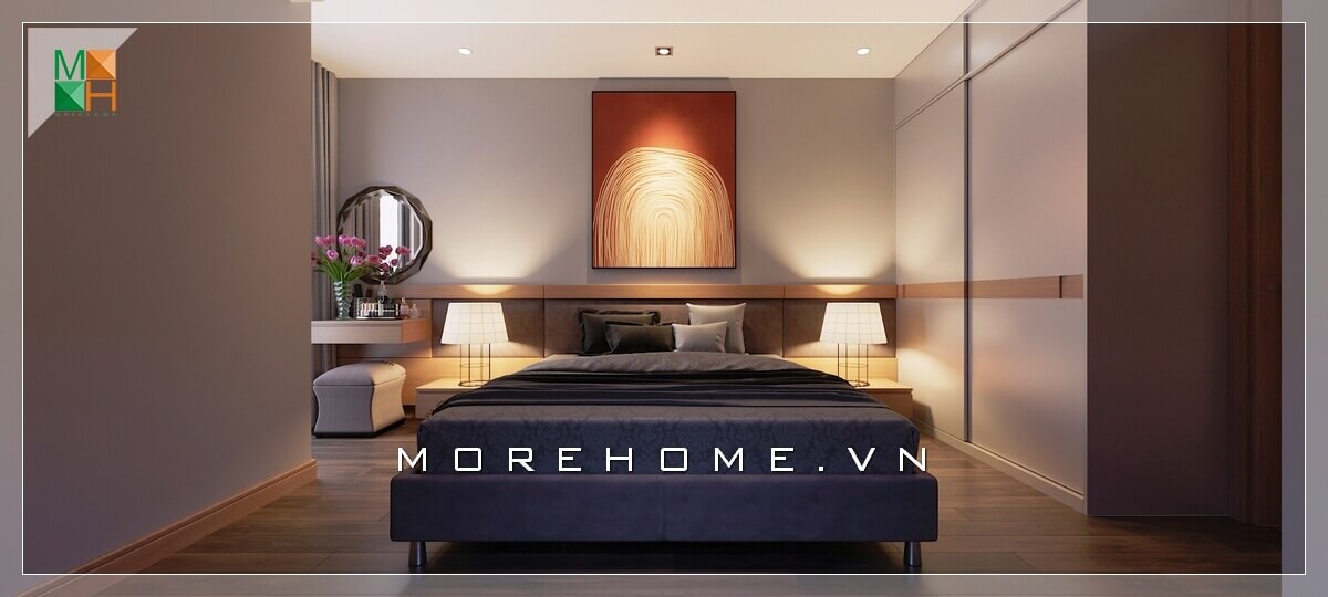 Lối thiết kế phòng ngủ chung cư, nhà phố hiện đại, màu sắc trẻ trung và cá tính. Nổi bật với cái gường ngủ hiện đại màu tím được thiết kế đặt ngay giữa căn phòng tạo nên một phong cách ấn tượng hiện đại và lôi cuốn. Thiết kế phòng ngủ chung cư