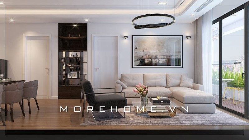 Khi bước vào phòng khách, sofa hiện đại màu xám cùng bàn trà tinh tế đã tạo nên một không gian sang trọng và thân thiện.